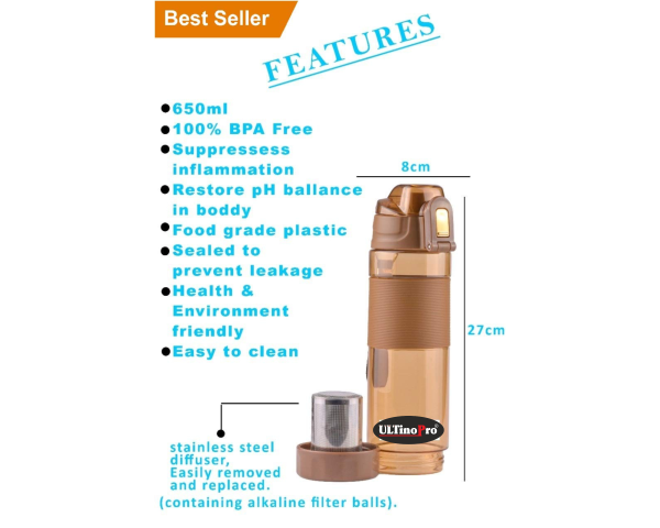 ULTINO-PRO Original Alkaline Water Bottle Use for- School, Gym, Dieting, Outdoor Sports, Travelling time, Durable Extra Strong. (Brown) - Image 3